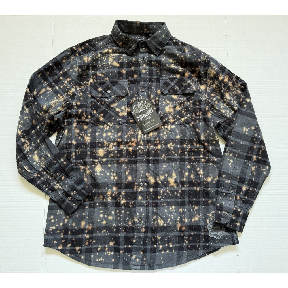 NWT Angry Minnow Flannel Shirt Men's L Black Bleach Splatter Raven Art Plaid
